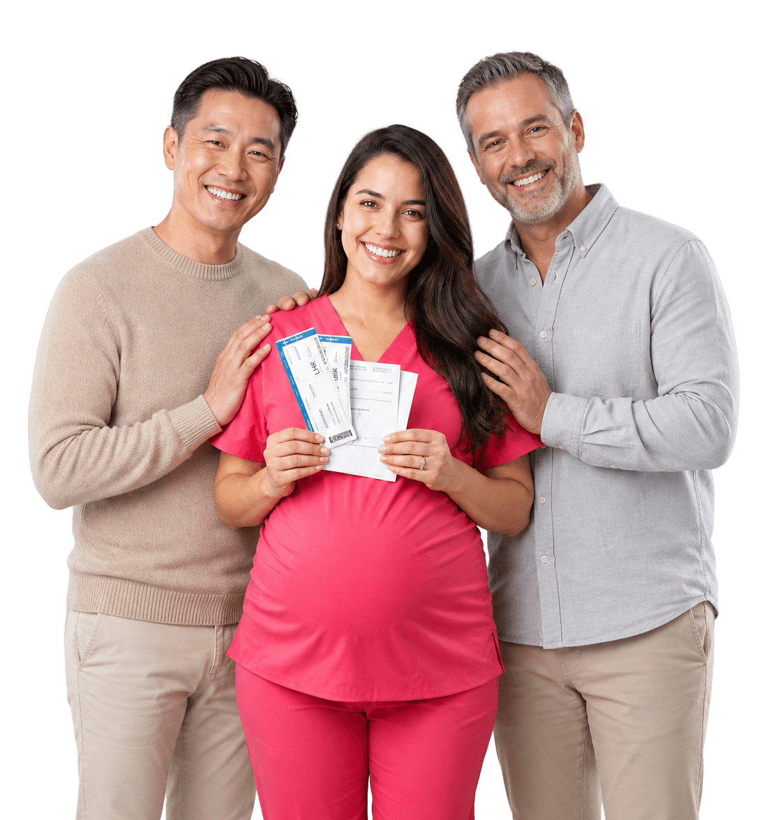 A happy surrogate mother embraced by two intended parents in a ConnectSurrogate program
