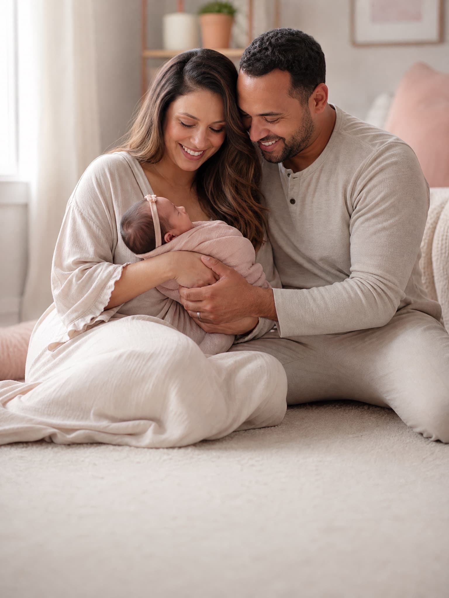 Intended parents cradling their newborn baby at home