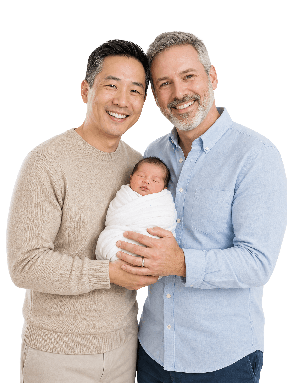 Two happy dads joyfully cradling their newborn baby together
