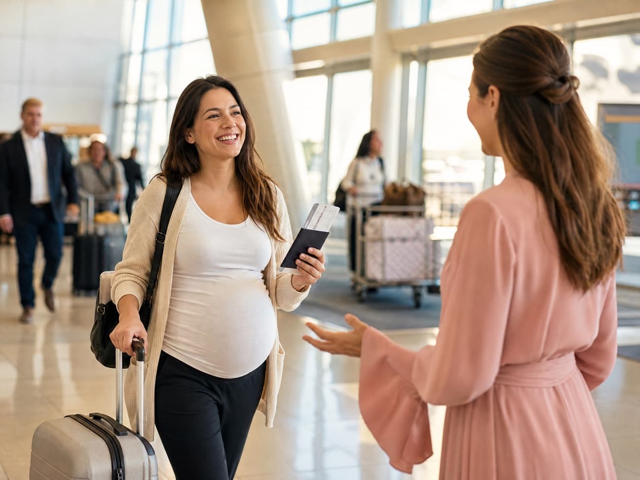 A happy pregnant woman greeted by a coordinator at the airport