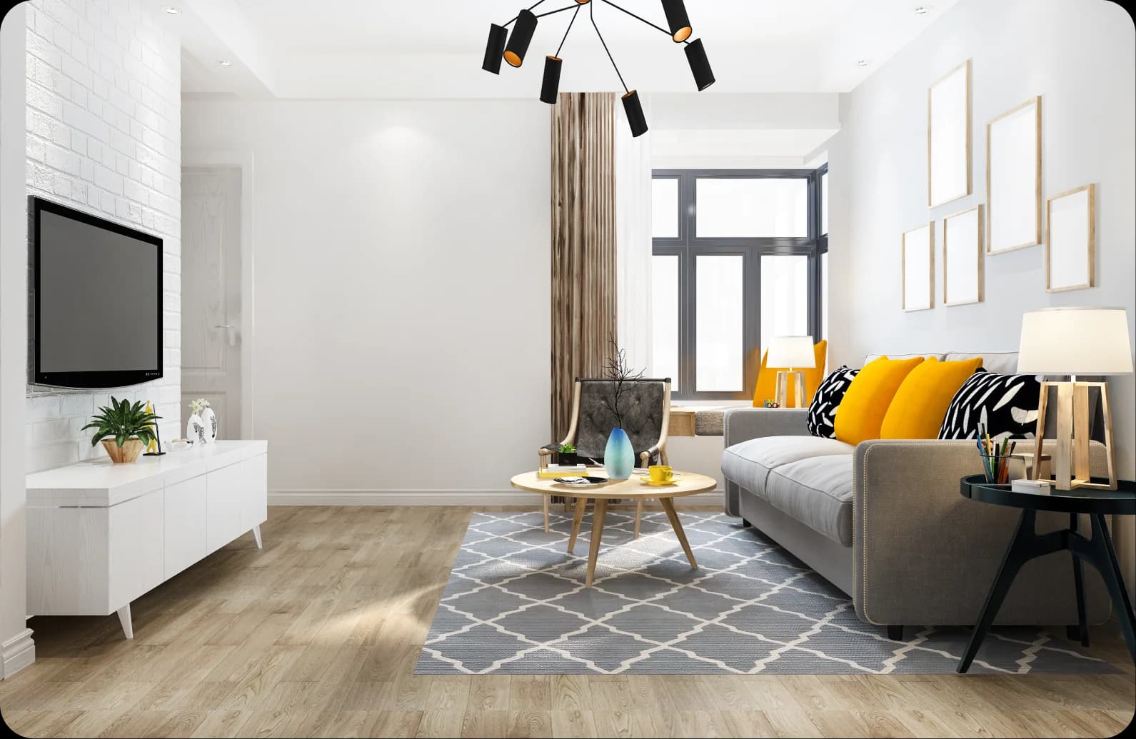 Bright modern furnished living room with a city view
