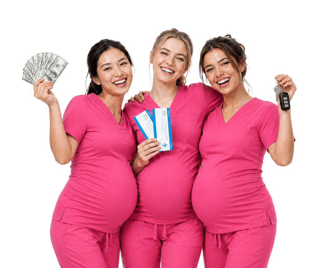 Three happy pregnant surrogate mothers in pink medical scrubs embracing, holding airline tickets, cash and house keys