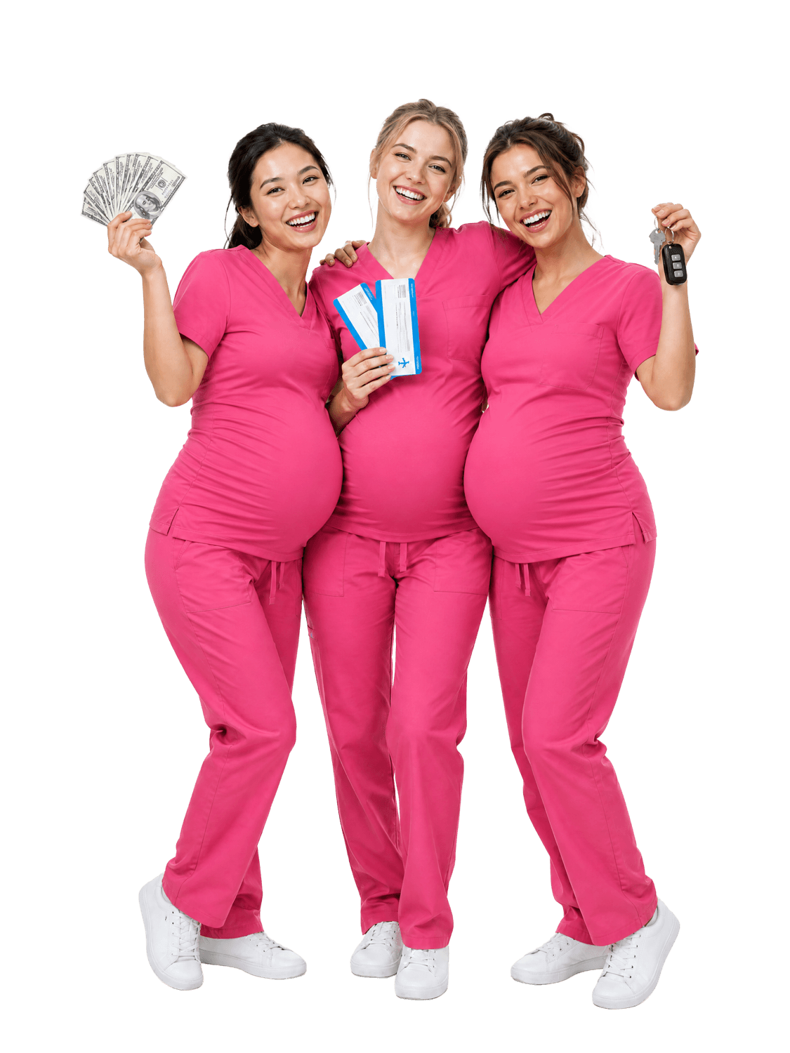 Three happy pregnant surrogate mothers in pink medical scrubs embracing, holding airline tickets, cash and house keys