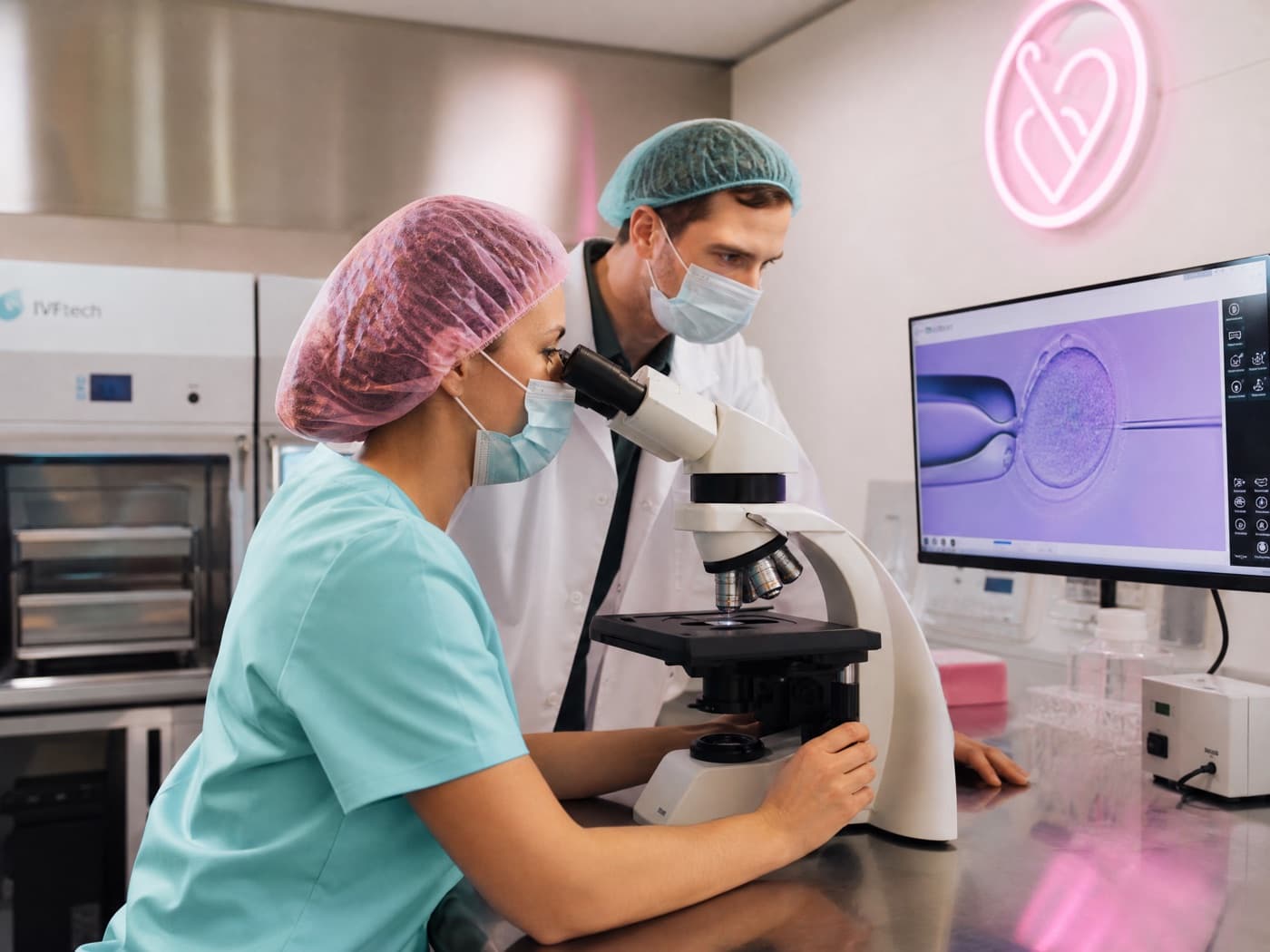 Embryologists reviewing an embryo in a modern IVF laboratory